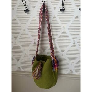 Handmade Wayuu Mochila Green Bag Crossbody Purse with Colorful Tassel Strap